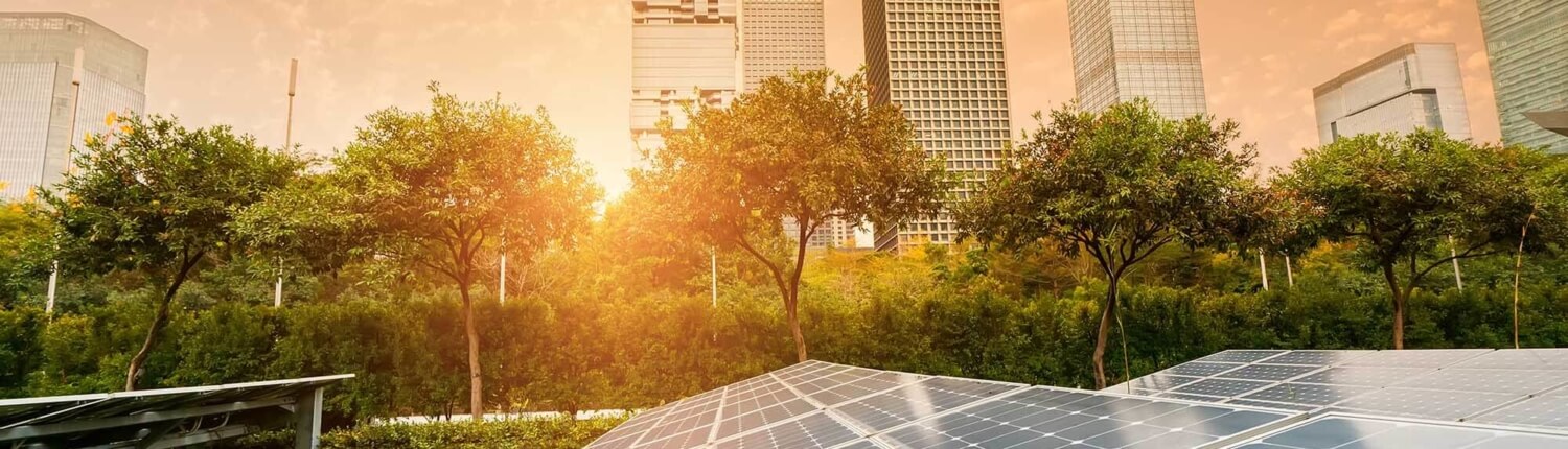 Solar panels in a sunrise.