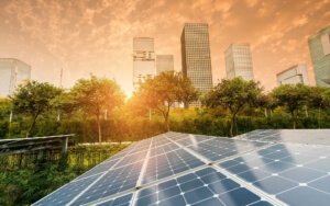 Solar panels in a sunrise.