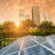 Solar panels in a sunrise.