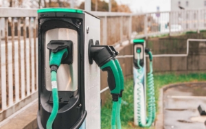 Close up of green and black EV charging stations